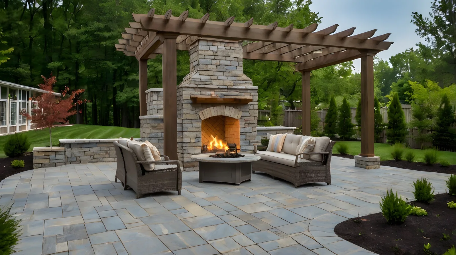 Stone patio with an outdoor fireplace and pergola