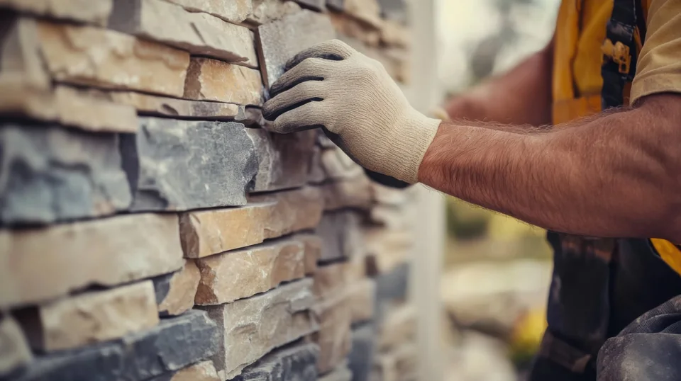 Close-up of stone veneer being fitted by hand